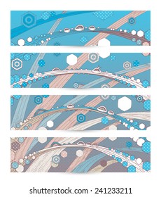 Banners with drops of dew on grass. Pop art. Bokeh. Banners for web. Colorful header. Abstract vector background