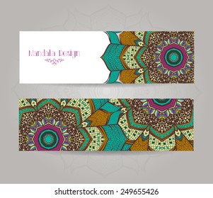 Banners with ethnic abstract round ornament. Mandala design. Colorful header. Two  horizontal banner.