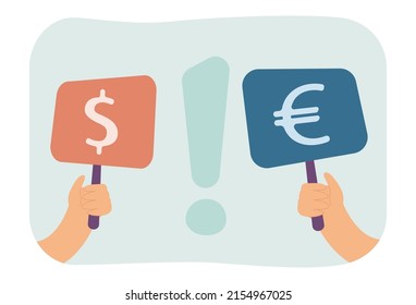 Banners with euro and dollar signs in human hands. Exclamation mark between signs of currency unit flat vector illustration. Choice, finance concept for banner, website design or landing web page