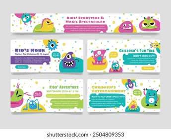 Banners for an event where children are immersed in an atmosphere of fairy tales and magic with colorful characters, designed for family recreation.