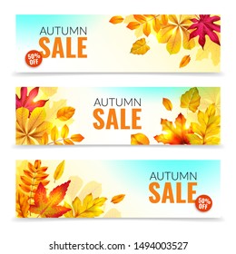 Banners with fall leaves. Autumn season discount offers with red and orange realistic foliage. Colorful leaf design vector seasonal autumnal sale abstract tag templates