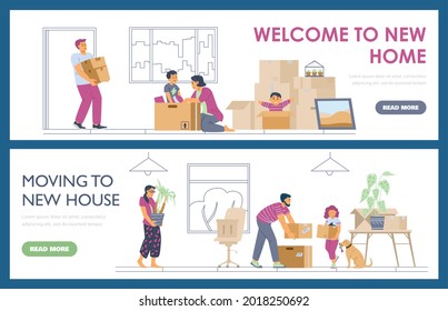 Banners with family packing things for moving to new home, flat vector illustration. New dwelling and house moving concept of horizontal banners or web posters.