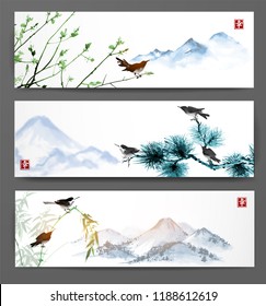 Banners with far mountains and birds of trees. Traditional Japanese ink painting sumi-e, u-sin, go-hua. Hieroglyph - happiness, double luck