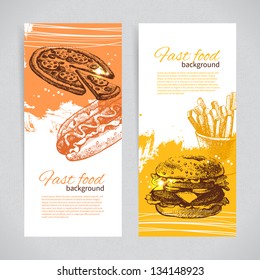 Banners Of Fast Food Design. Hand Drawn Illustrations. Splash Blob Backgrounds