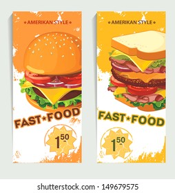 Banners of fast food design. Hand drawn illustrations. Retro Menu backgrounds over grunge background