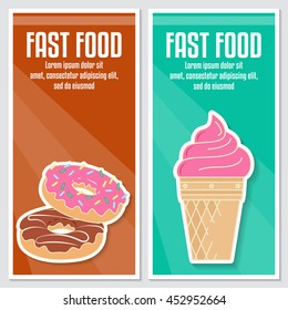 Banners of fast food design. Ice cream and donut in flat style. Elements on the theme of the restaurant business. Vector illustration.