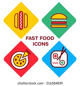 Banners for fast food restaurants with burger and pizza trendy line icons. Fully editable vector illustration. 