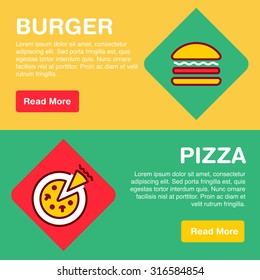 Banners for fast food restaurants with burger and pizza trendy line icons. Fully editable vector illustration. 