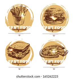 Banners of fast food sketch design. Hand drawn illustrations. Splash blob backgrounds
