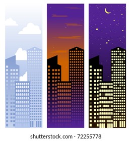 Banners featuring skyscrapers at three different times of day