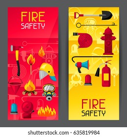 Banners with firefighting items. Fire protection equipment.
