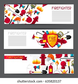 Banners with firefighting items. Fire protection equipment.