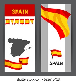 Banners with flag and map of Spain. Spanish traditional symbols and objects.