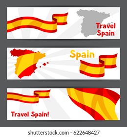 Banners with flag and map of Spain. Spanish traditional symbols and objects.