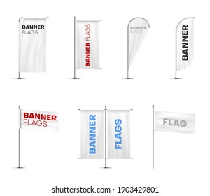 Banners flags on poles variety realistic mockups set. Place for text. Advertising, branding design templates double sided, feather, rectangular horizontal, vertical. Vector flags on white.