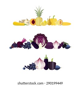 Banners from flat icons of vegetables in yellow and purple colors.