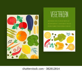 Banners with flat vegetable icons for vegetarian restaurant, home cooking menu and organic healthy eating recipes. Vector concept for healthy magazines, cooking web sites and newsletters.