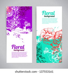 Banners with floral background. Hand drawn illustration of roses