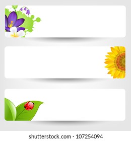 Banners With Flowers And Ladybug, Isolated On Grey, Vector Illustration