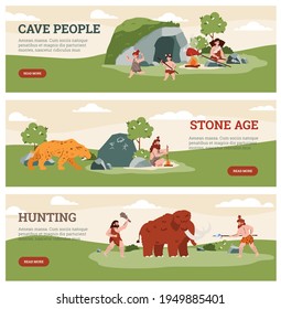 Banners or flyer design with stone age primitive people, cartoon vector illustration.