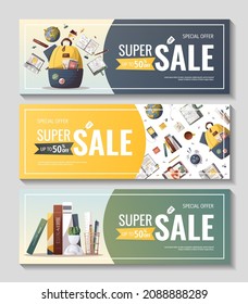 Banners or flyers with study supplies for Studying, education, learning, back to school, student, stationery. Vector illustration for poster, banner, flyer, advertising.