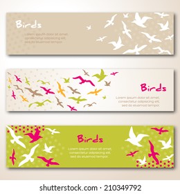 Banners with flying birds silhouettes. Vector illustration. 