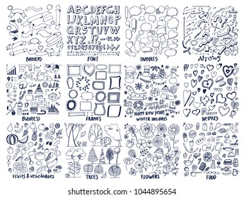 Banners and fonts, bubbles and frames, business and trees, winter holidays and food, hearts and flowers, fruits and vegetables vector illustration