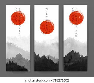 Banners with forest trees on mountains in fog. Contains hieroglyphs - happiness, eternity. Traditional oriental ink painting sumi-e, u-sin, go-hua