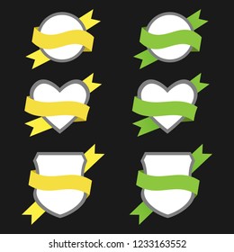Banners in the form of a shield, heart and circle with ribbons of different colors on a different background.