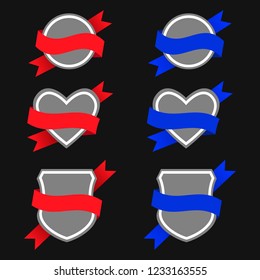 Banners in the form of a shield, heart and circle with ribbons of different colors on a different background.