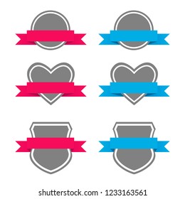 Banners in the form of a shield, heart and circle with ribbons of different colors on a different background.