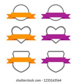 Banners in the form of a shield, heart and circle with ribbons of different colors on a different background.