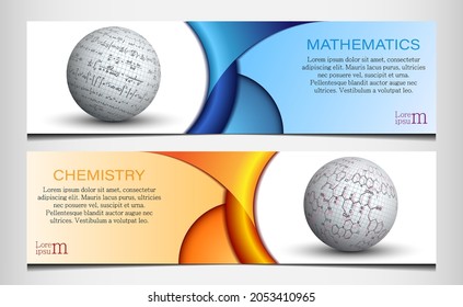 Banner mit Formeln in Mathematik und Chemie. Vektorgrafik der Formeln in Mathematik und Chemie auf realistischen weißen Sphären mit der Textur eines Notizbuches.