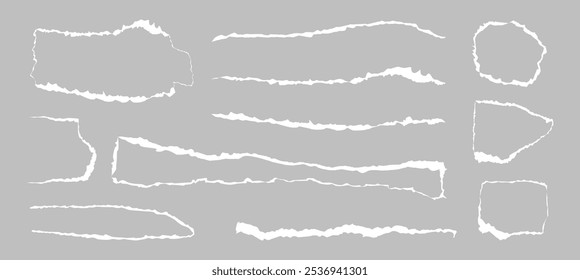 Banners e quadros, conjunto isolado de furos de papel para anúncios, espaço de cópia ou anúncio. Elementos, linhas e círculos de página rompida por vetores, quadrados e retângulos. Lágrimas de textura realistas grunge