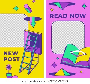 Banners and frames for social media sharing content and photos. Read now and new post with transparent background. Cartoons and colorful drawings for modern blog or diary. Vector in flat style