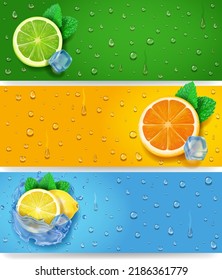 Banners with fresh citrus fruit. Orange, lemon, lime with ice cube and water drops realistic vector. Mojito, lemonade, orange beverage