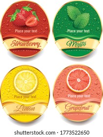 banners with fresh juice drops background, with strawberry, mint, lemon, grapefruit	
