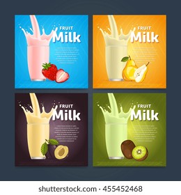 Banners of fruit milkshake dessert cocktail glass fresh drink in cartoon vector illustration