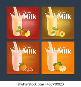 Banners of fruit milkshake dessert cocktail glass fresh drink in cartoon vector illustration