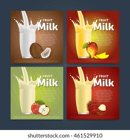 Banners of fruit milkshake dessert cocktail glass fresh drink in cartoon vector illustration