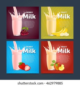 Banners of fruit mix sweet milkshake dessert cocktail glass fresh drink in cartoon vector illustration