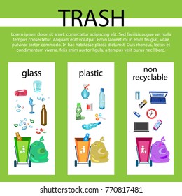 Banners with ?ollection of garbage and debris. ?ardboard, organic dross and metal. Isolated vector illustration

