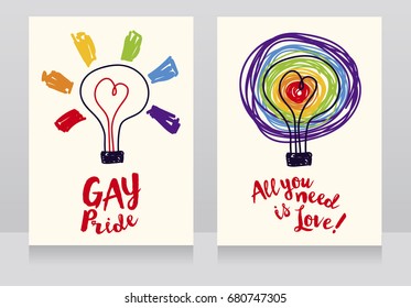 banners for gay love with hearts and lightbulb in sketch style, can be used as party invitation, vector illustration