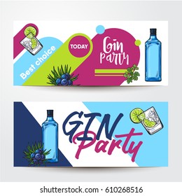 Banners with gin bottle, cocktail shot, lime, juniper and place for text, sketch vector illustration isolated on white background. Party banner, label design, decoration with gin bottle and shot