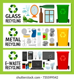 Banners with glass metal e-waste trash, garbage separation vector illustration