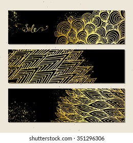 Banners with golden pattern. Set of hand drawn cute creative banners with hand drawn pattern on black background.