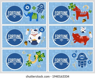 Banners good luck charms: maneki neko, horseshoe, four-leaf clover, dala horse, nazar amulet, hamsa. A set of illustrations of symbols of good luck, success, and prosperity.