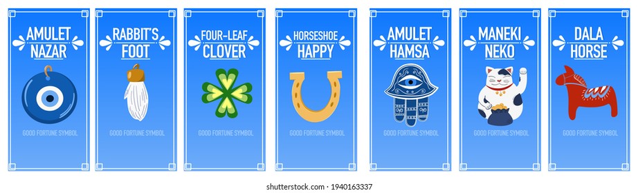 Banners good luck charms: maneki neko, horseshoe, four-leaf clover, dala horse, nazar amulet, hamsa, rabbit's foot. A set of illustrations of symbols of good luck, success, and prosperity.