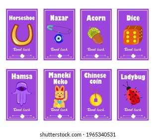 Banners good luck charms: maneki neko, horseshoe, nazar, hamsa, acorn, ladybug. Collection of symbols of good luck, success, prosperity.