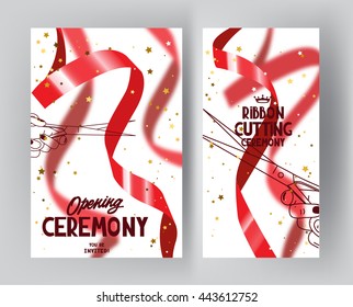 Banners for grand opening ceremony with red curled ribbons. Vector illustration